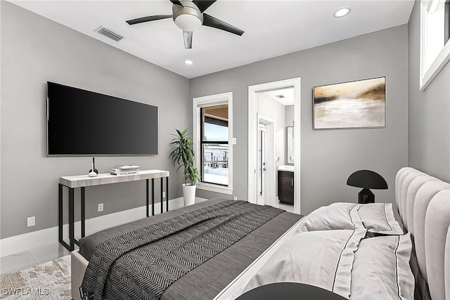 bedroom featuring recessed lighting, a ceiling fan, visible vents, baseboards, and ensuite bath