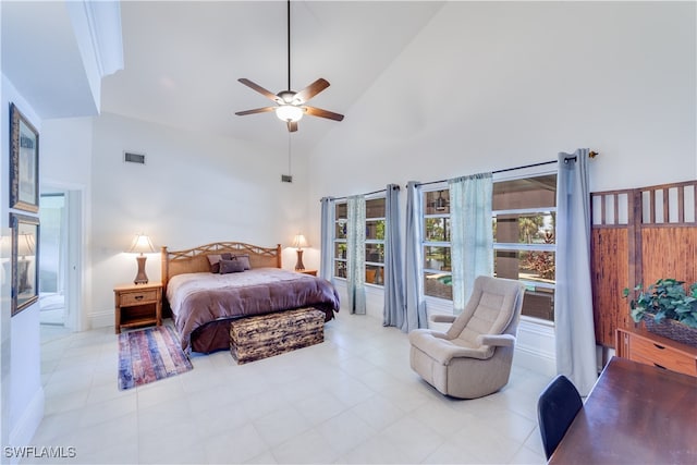 bedroom featuring high vaulted ceiling and ceiling fan