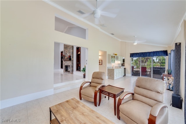 living room with high vaulted ceiling, a stone fireplace, light tile patterned floors, crown molding, and ceiling fan