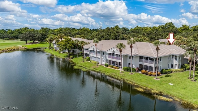 drone / aerial view featuring a water view