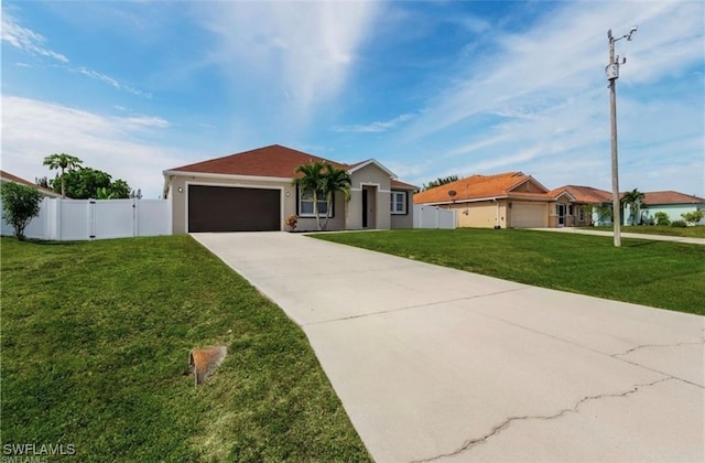 single story home featuring a garage and a front yard