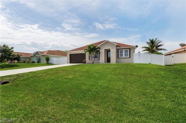 ranch-style house with a garage and a front lawn