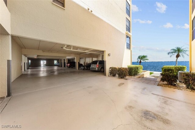 garage featuring a water view