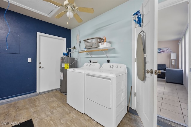 laundry room featuring ceiling fan, washing machine and clothes dryer, light tile patterned flooring, and electric water heater