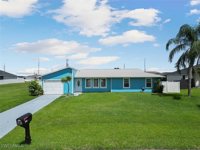 single story home with a front yard and a garage