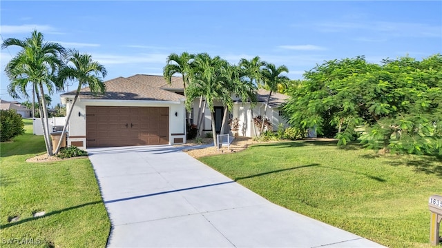 view of front of house featuring a garage and a front lawn