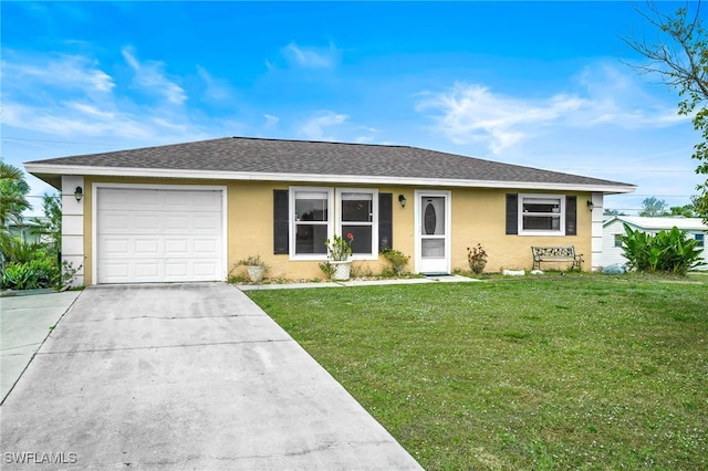 ranch-style home featuring an attached garage, stucco siding, driveway, and a front yard