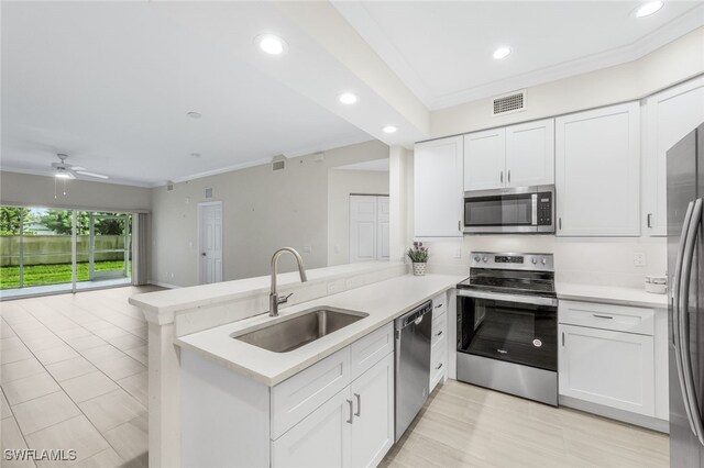 kitchen featuring sink, kitchen peninsula, stainless steel appliances, and ceiling fan