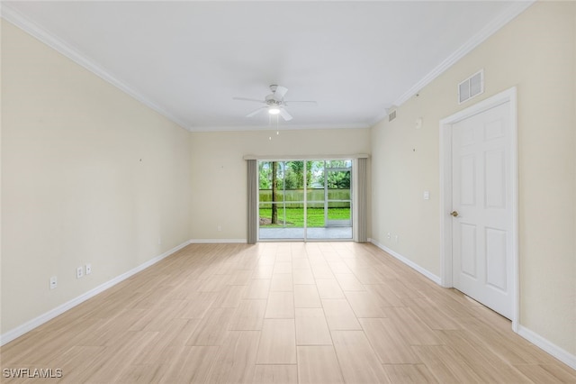 unfurnished room with crown molding, ceiling fan, and light hardwood / wood-style flooring