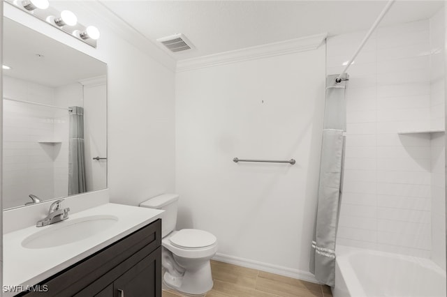 full bathroom with vanity, hardwood / wood-style floors, toilet, ornamental molding, and shower / bath combo with shower curtain