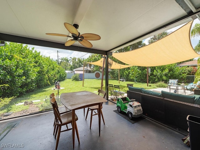 view of patio with ceiling fan and an outdoor hangout area