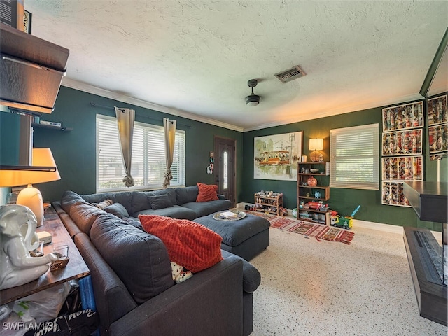 living room with a textured ceiling and crown molding