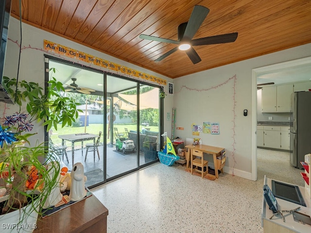 interior space featuring ceiling fan and wooden ceiling