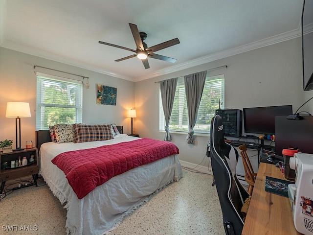 bedroom with multiple windows, ceiling fan, and ornamental molding