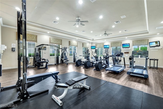 workout area featuring hardwood / wood-style flooring, ceiling fan, crown molding, and a tray ceiling