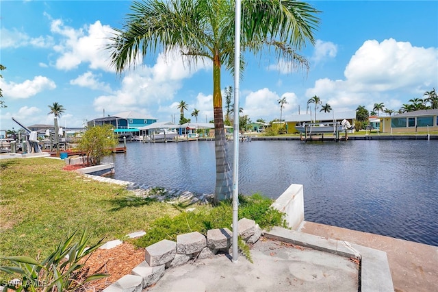 view of water feature with a dock