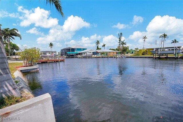 view of water feature with a boat dock