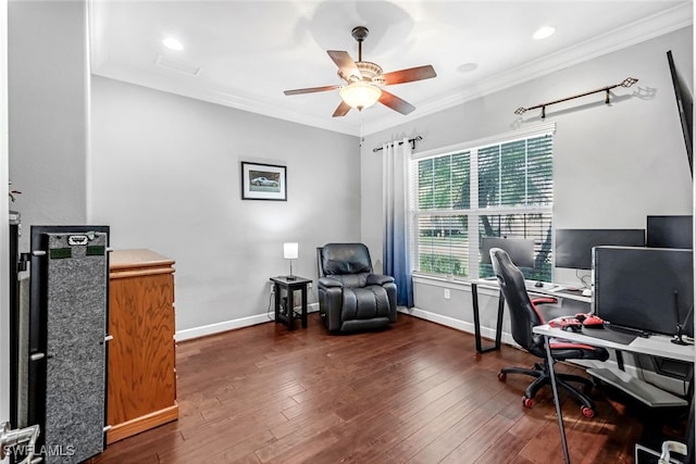 office space with ornamental molding, ceiling fan, and dark hardwood / wood-style floors