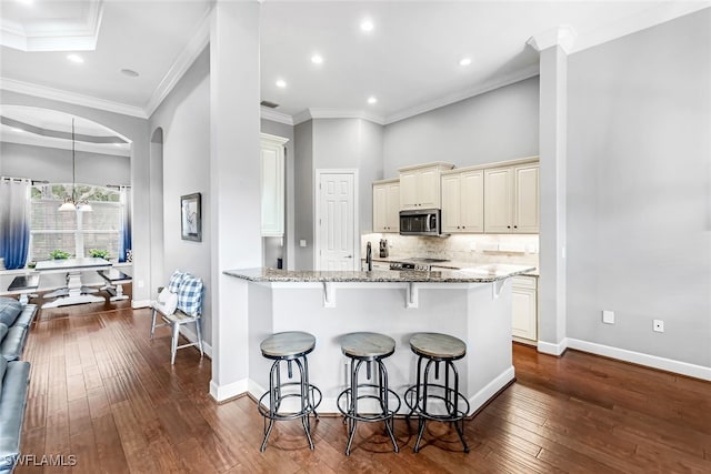 kitchen with a tray ceiling, dark wood-type flooring, kitchen peninsula, ornamental molding, and light stone counters