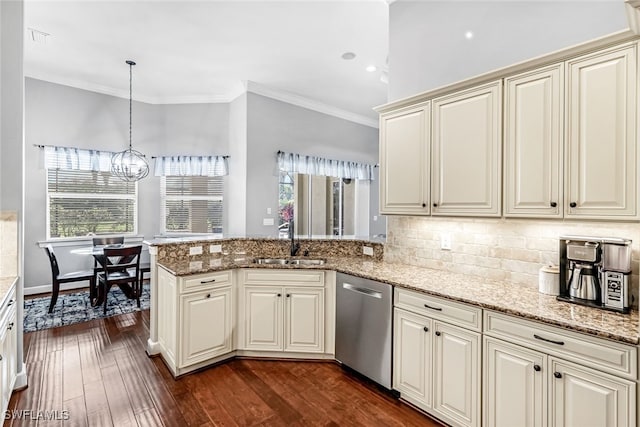 kitchen featuring pendant lighting, a wealth of natural light, a chandelier, dark hardwood / wood-style floors, and stainless steel dishwasher