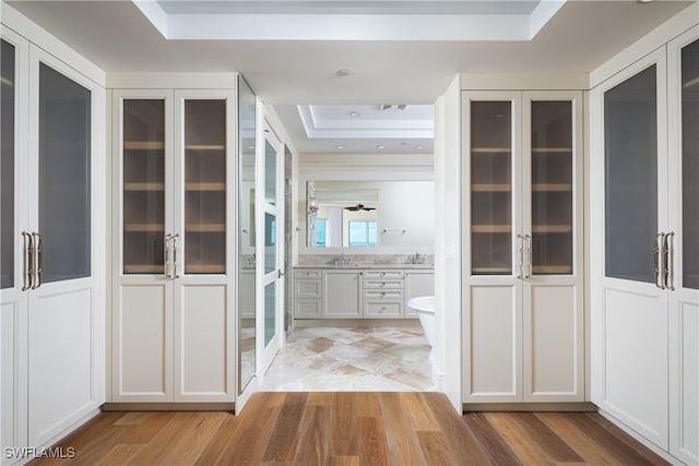 hall with light hardwood / wood-style floors and a raised ceiling