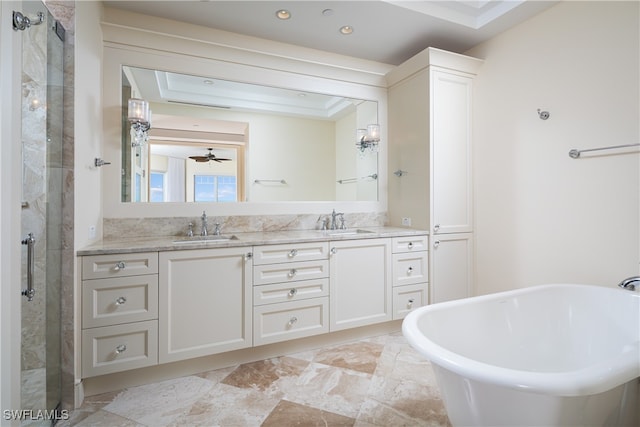 bathroom featuring vanity, ceiling fan, and independent shower and bath