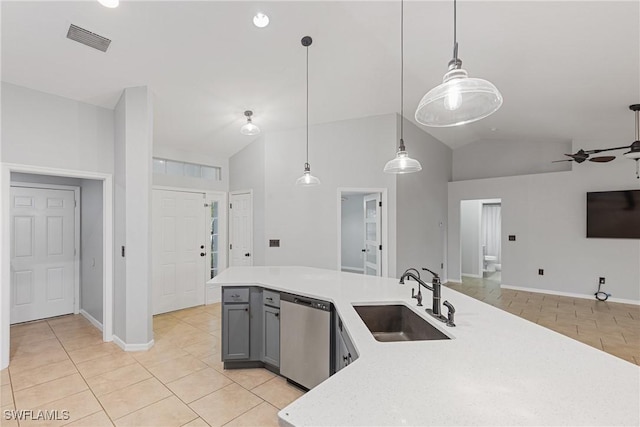 kitchen featuring pendant lighting, sink, stainless steel dishwasher, ceiling fan, and gray cabinets