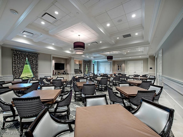 dining room featuring beamed ceiling, crown molding, and coffered ceiling