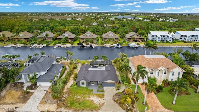 drone / aerial view featuring a water view