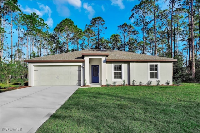 single story home with a garage and a front yard