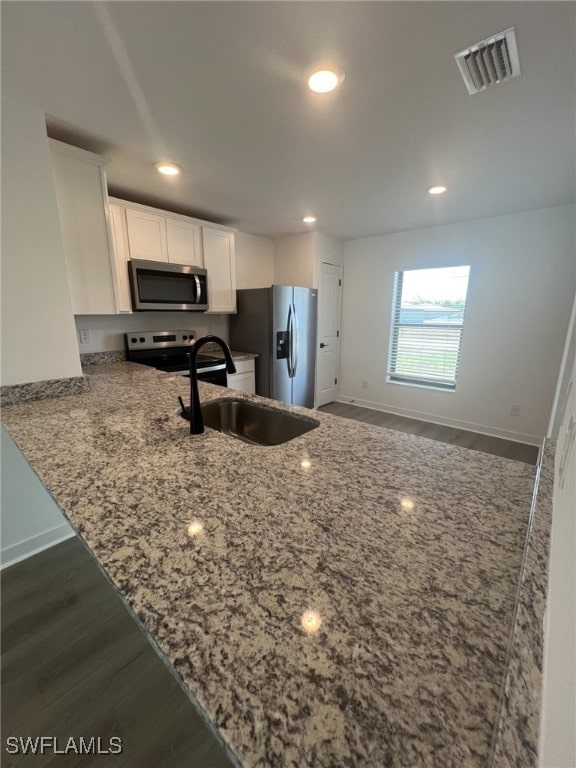 249 Blackstone Dr, Fort Myers, FL 33913 - kitchen featuring appliances with stainless steel finishes, light stone counters, dark wood-style flooring, white cabinets, and a sink
