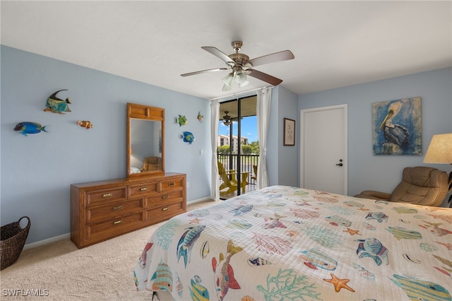 carpeted bedroom with access to outside and ceiling fan