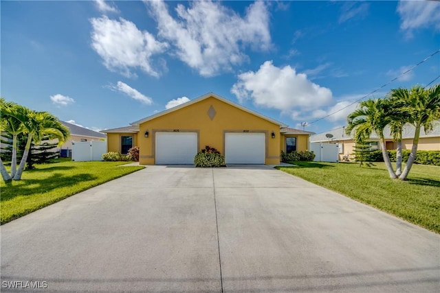 ranch-style home with an attached garage, a front yard, fence, and stucco siding