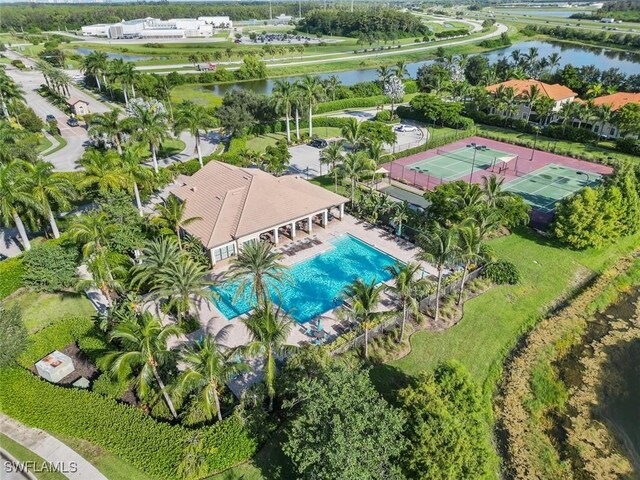 birds eye view of property featuring a water view