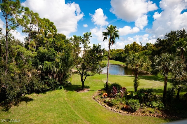 view of home's community with a lawn and a water view