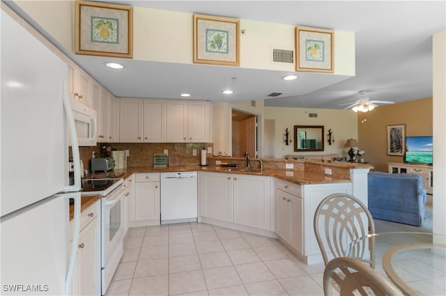 kitchen featuring white appliances, backsplash, kitchen peninsula, sink, and ceiling fan