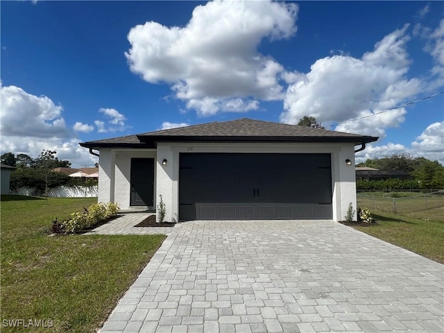 view of front of home featuring a garage, a front lawn, and a water view