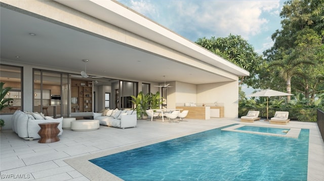 view of pool featuring ceiling fan, an outdoor living space, and a patio