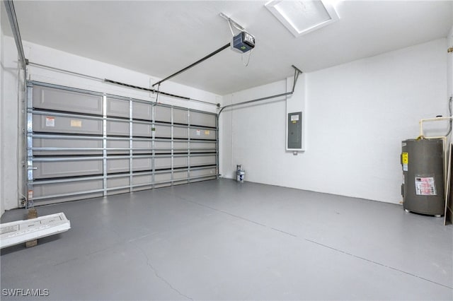 garage featuring a garage door opener, electric panel, and water heater