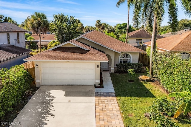 view of front of house with a garage and a front lawn