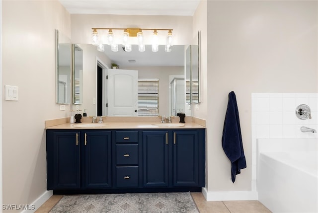 bathroom featuring vanity, plus walk in shower, and tile patterned floors