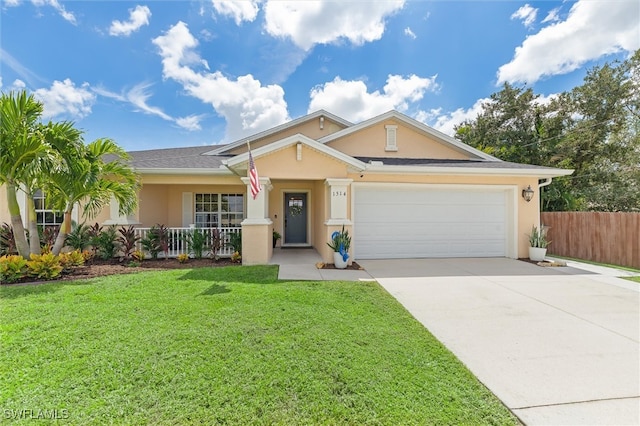 single story home featuring a garage and a front lawn