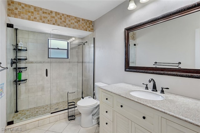 bathroom with tile patterned flooring, vanity, toilet, and a shower with door