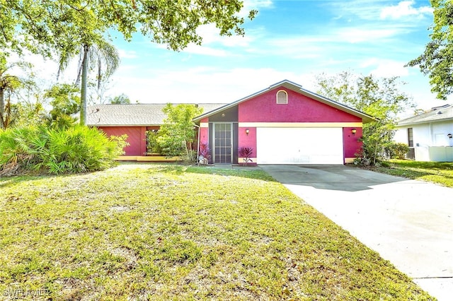 ranch-style house with a front yard and a garage