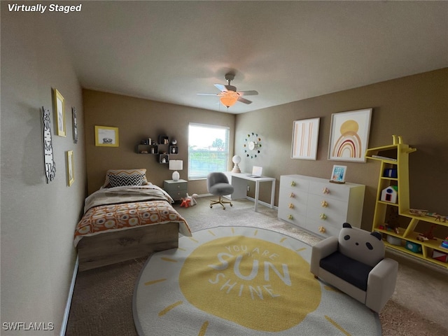 bedroom featuring carpet flooring and ceiling fan