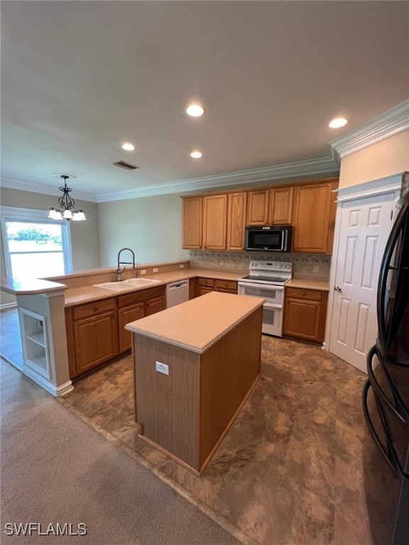 kitchen with sink, stainless steel dishwasher, a chandelier, a center island, and white range with electric cooktop