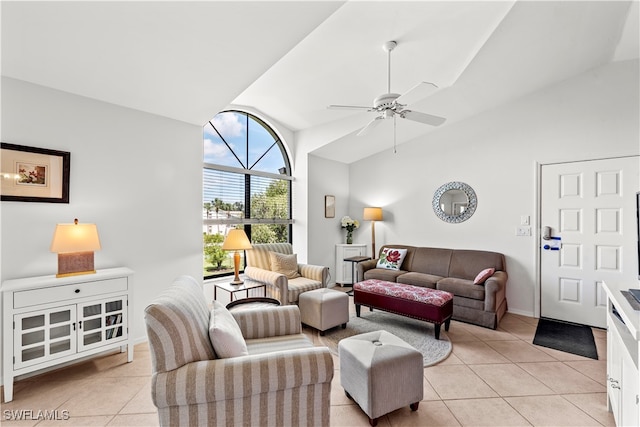 tiled living room featuring vaulted ceiling and ceiling fan