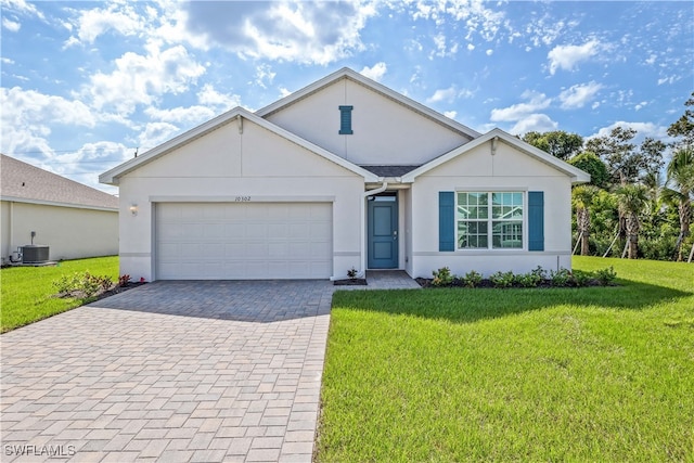 single story home featuring a front yard, central AC, and a garage