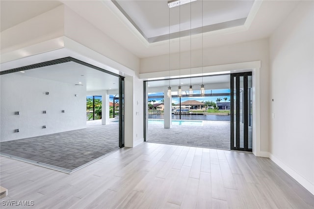 spare room featuring a raised ceiling and light hardwood / wood-style floors