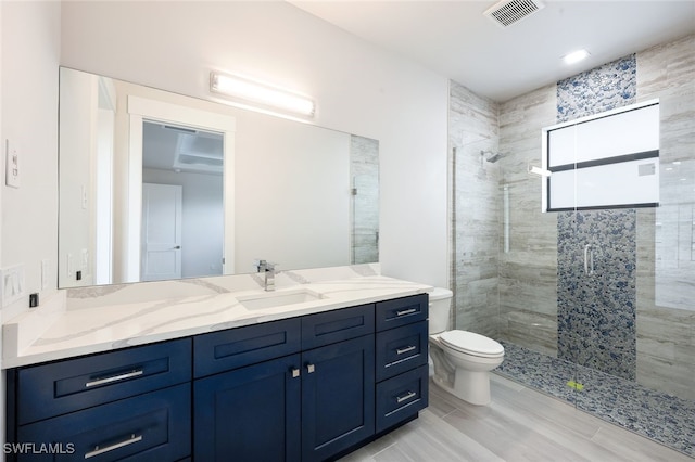 bathroom featuring vanity, toilet, and a shower with shower door